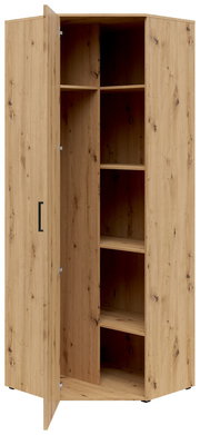 Eckschrank aus Holz mit geöffneter Tür, zeigt mehrere Regalböden, Perspektive von vorne links