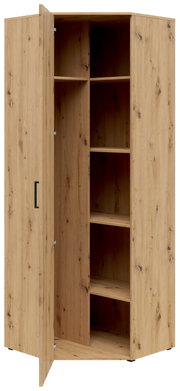 Eckschrank aus Holz mit geöffneter Tür, zeigt mehrere Regalböden, Perspektive von vorne links