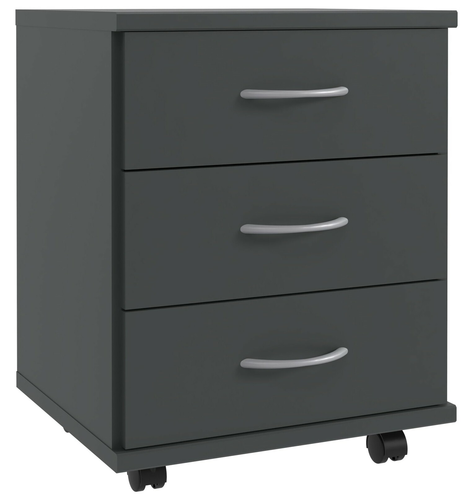 Dunkelgrauer Rollcontainer mit drei Schubladen und silbernen Griffen, seitliche Perspektive