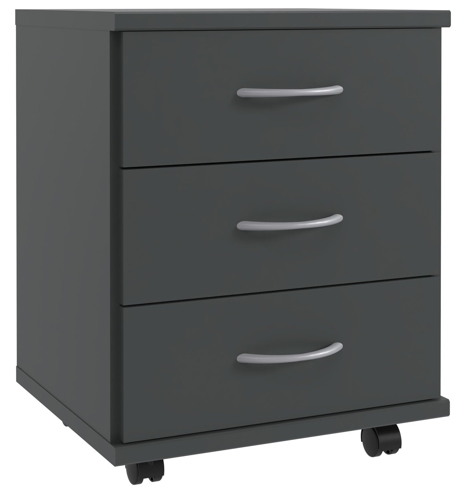 XORA Rollcontainer MULTIRAUMKONZEPT Dunkelgrauer Rollcontainer mit drei Schubladen und silbernen Griffen, seitliche Perspektive
