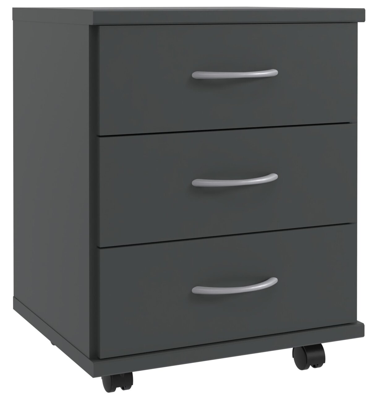 Dunkelgrauer Rollcontainer mit drei Schubladen und silbernen Griffen, seitliche Perspektive