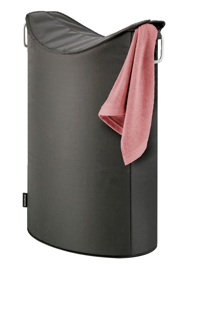 Grauer Wäschesammler mit einem rosa Handtuch, seitliche Perspektive