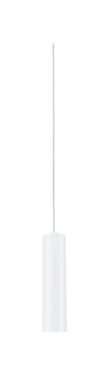 Weiße zylindrische Pendelleuchte mit Kabel, Ansicht von vorne