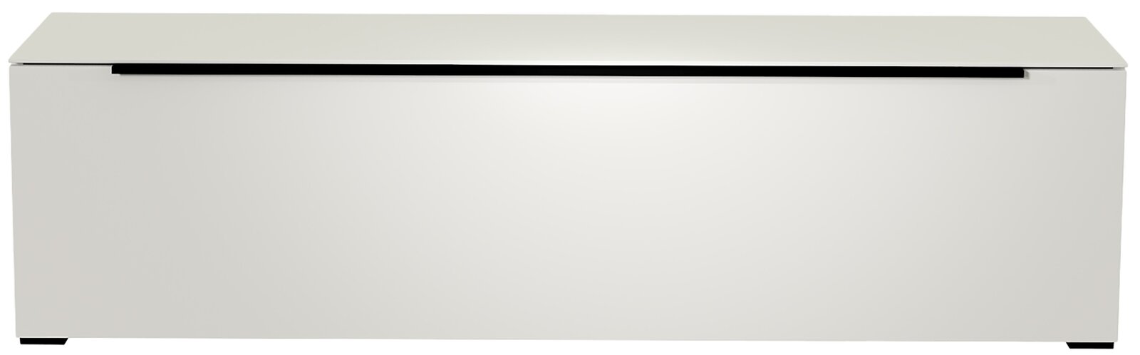 Frontansicht eines weißen TV-Lowboards mit schlichtem Design und schwarzem Akzent.