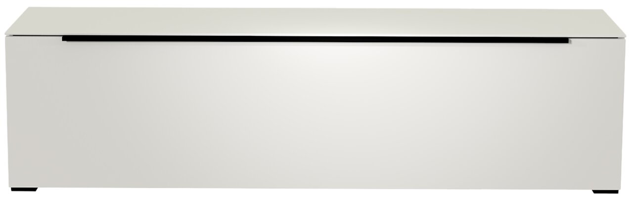Frontansicht eines weißen TV-Lowboards mit schlichtem Design und schwarzem Akzent.