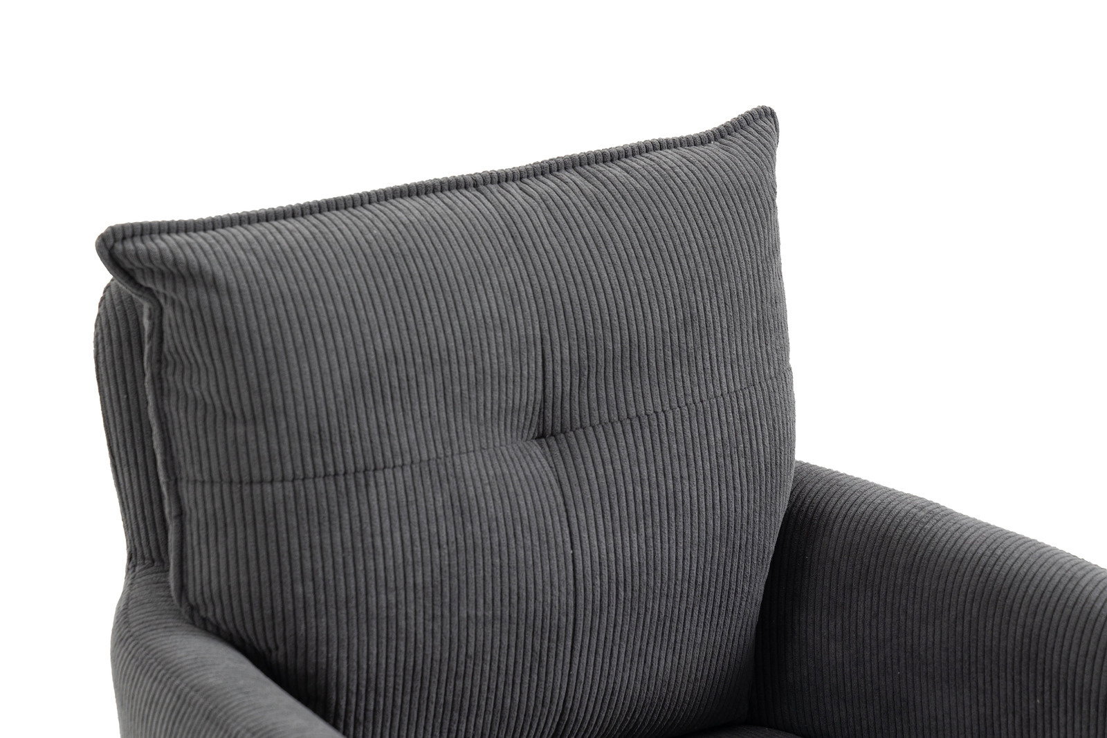 Nahaufnahme eines grauen, gerippten Barhockers mit gepolsterter Rückenlehne, seitliche Perspektive.