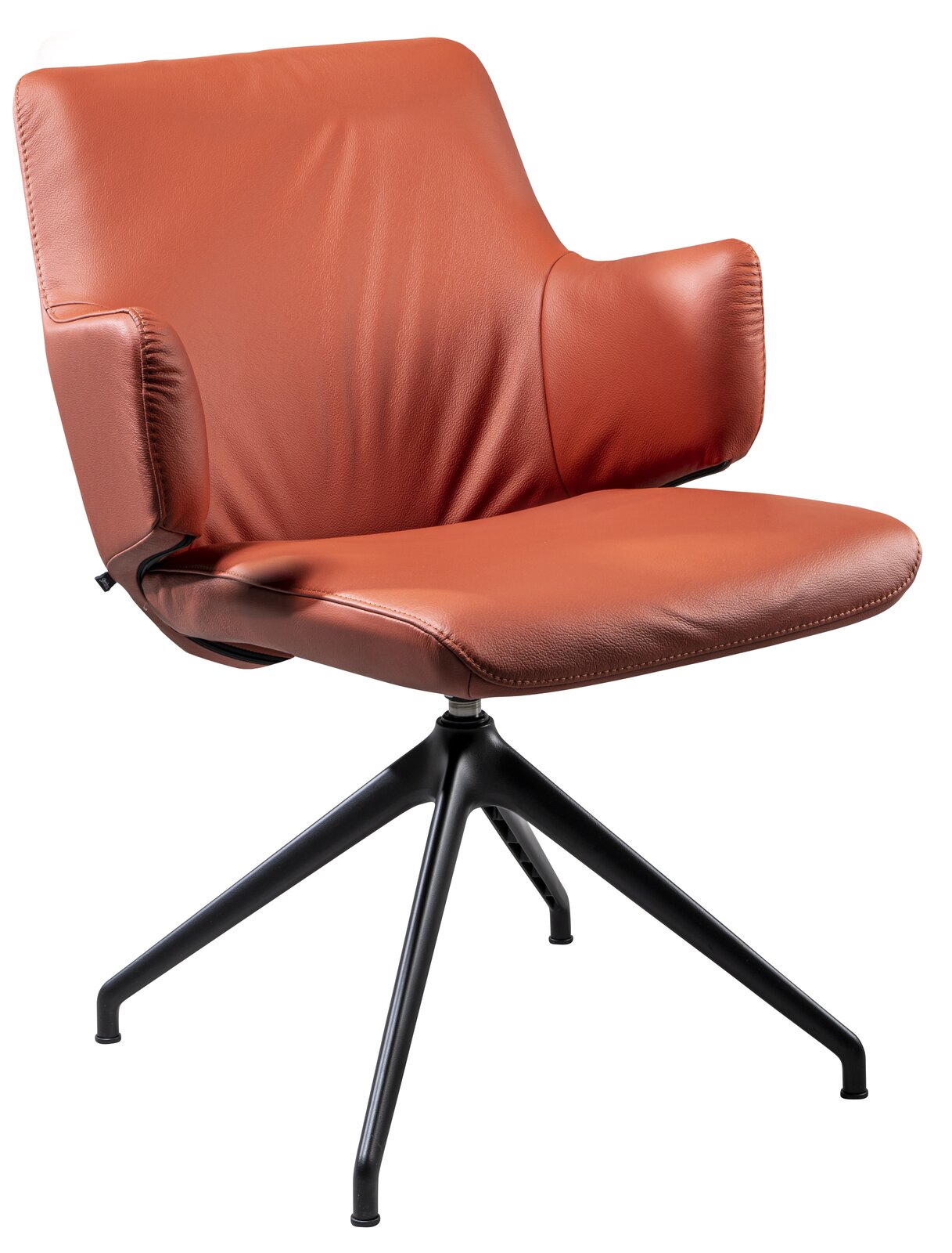 Moderner Sessel mit braunem Lederbezug und schwarzem Metallgestell, seitliche Perspektive