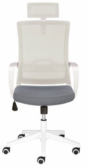 Moderner Drehstuhl mit weißem Netzrücken, grauem Sitzpolster und verstellbarer Kopfstütze, Frontalansicht