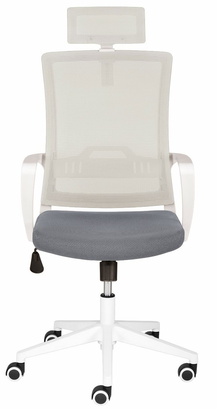 Moderner Drehstuhl mit weißem Netzrücken, grauem Sitzpolster und verstellbarer Kopfstütze, Frontalansicht