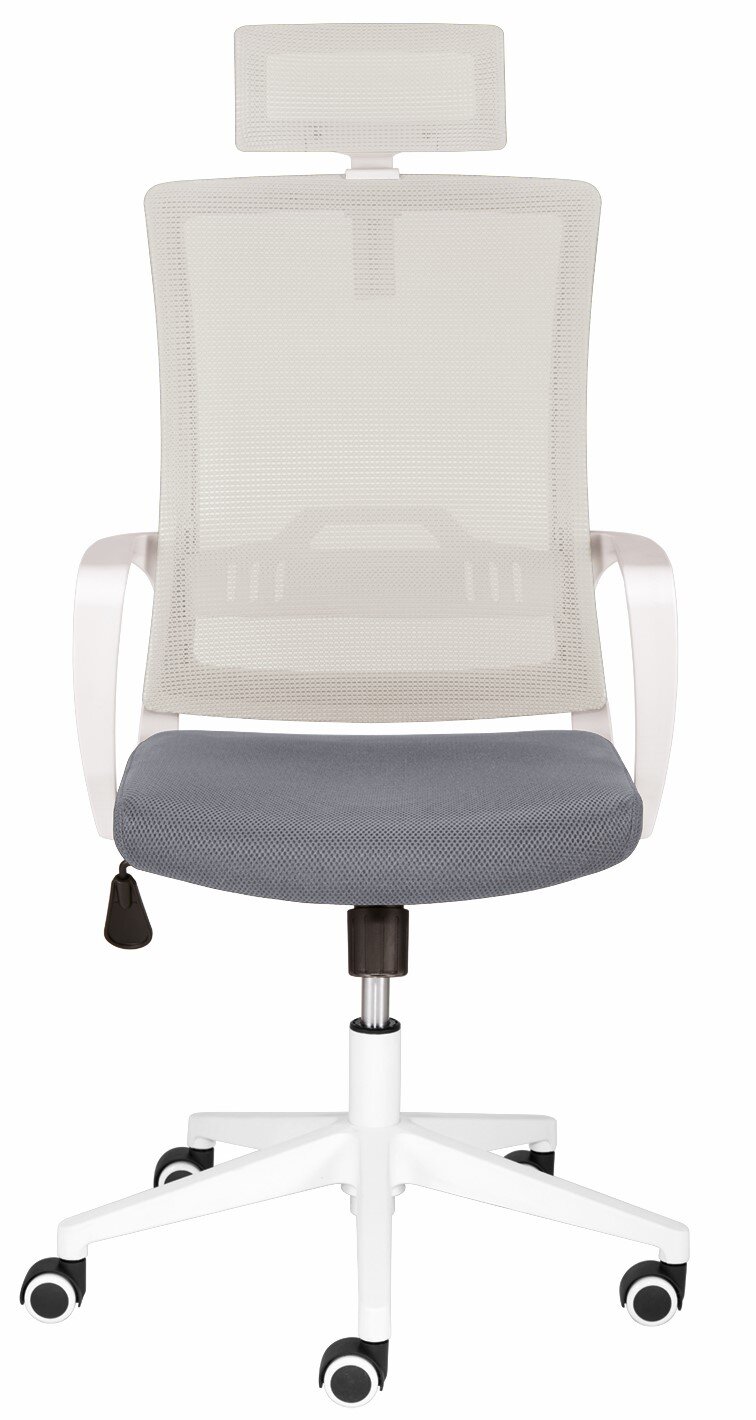 Moderner Drehstuhl mit weißem Netzrücken, grauem Sitzpolster und verstellbarer Kopfstütze, Frontalansicht