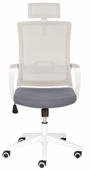 Moderner Drehstuhl mit weißem Netzrücken, grauem Sitzpolster und verstellbarer Kopfstütze, Frontalansicht