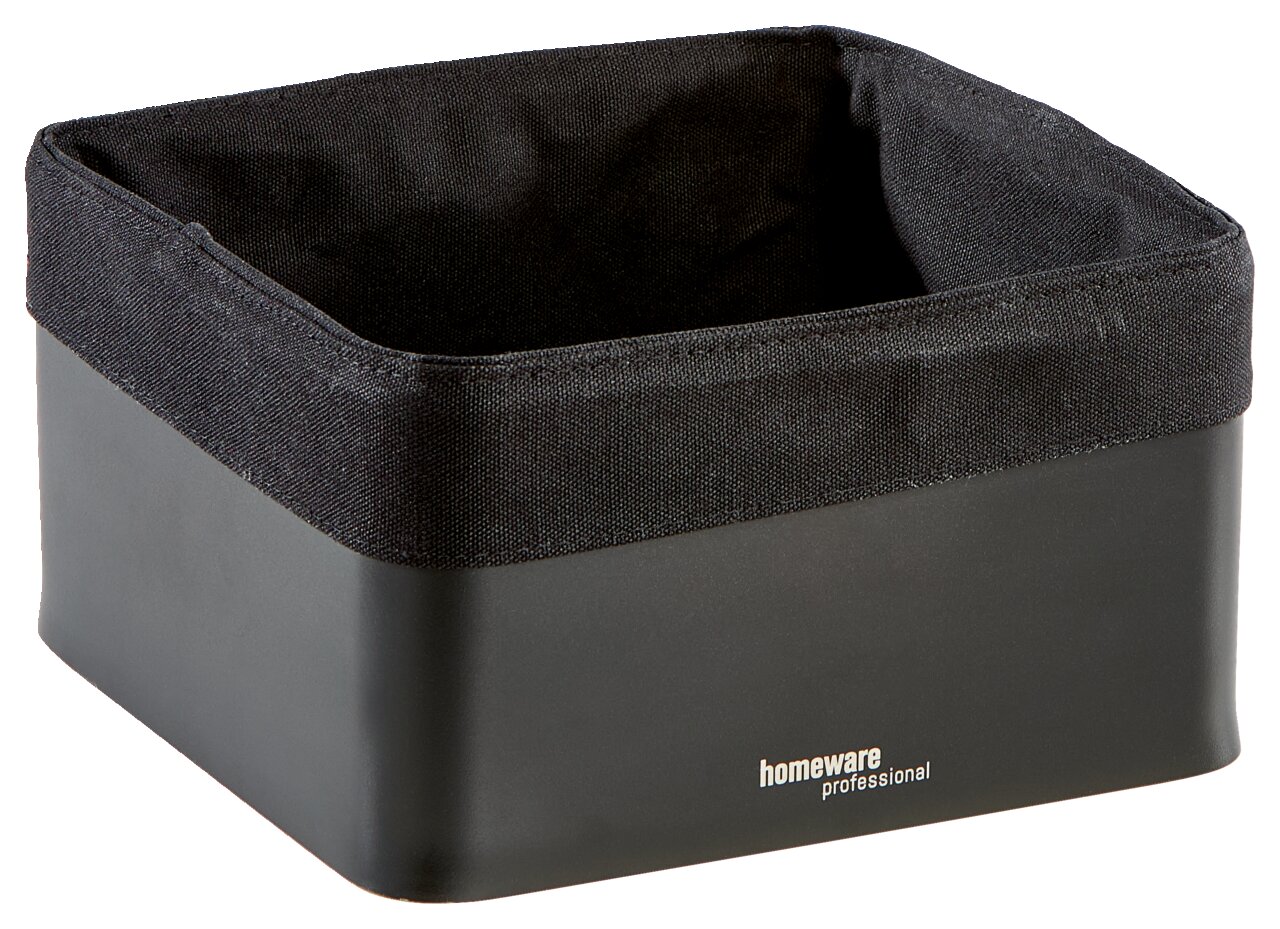 Schwarzer Brotkorb aus Stoff und Kunststoff, seitliche Perspektive