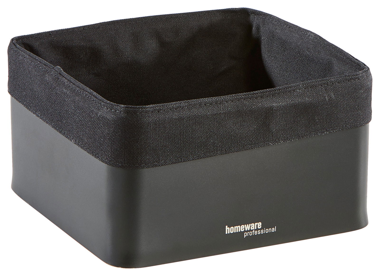 Schwarzer Brotkorb aus Stoff und Kunststoff, seitliche Perspektive