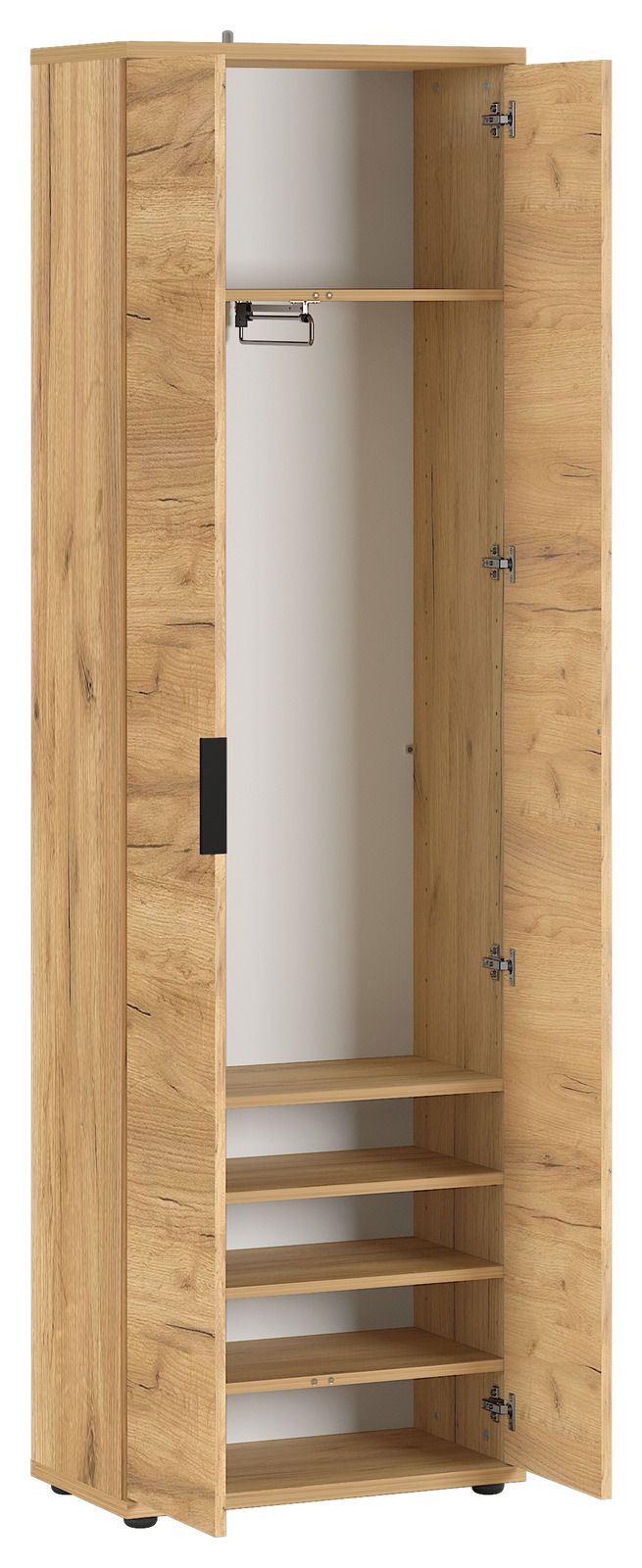 Offener Garderobenschrank aus Holz mit mehreren Regalböden und einer Kleiderstange, Perspektive von vorne.