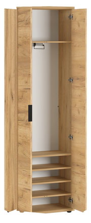 Offener Garderobenschrank aus Holz mit mehreren Regalböden und einer Kleiderstange, Perspektive von vorne.