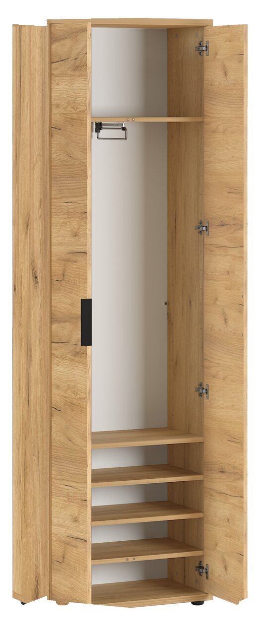 Offener Garderobenschrank aus Holz mit mehreren Regalböden und einer Kleiderstange, Perspektive von vorne.