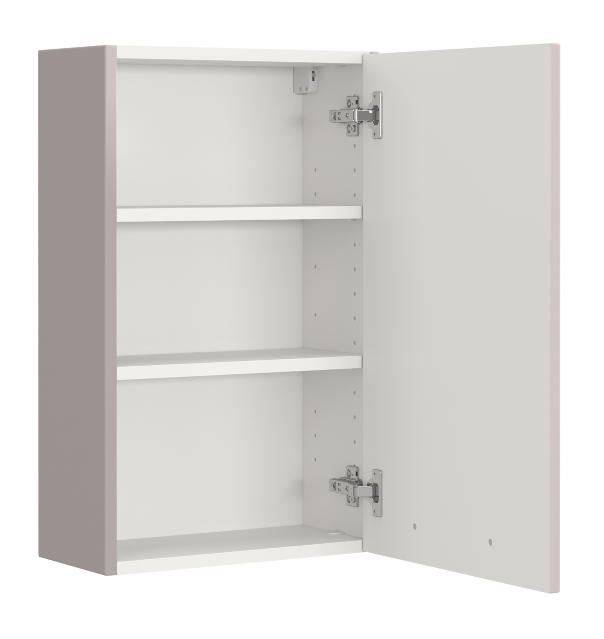 Hängeschrank mit geöffneter Tür, zwei Einlegeböden und seitlicher Perspektive