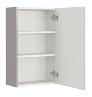 Hängeschrank mit geöffneter Tür, zwei Einlegeböden und seitlicher Perspektive