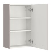 Hängeschrank mit geöffneter Tür, zwei Einlegeböden und seitlicher Perspektive