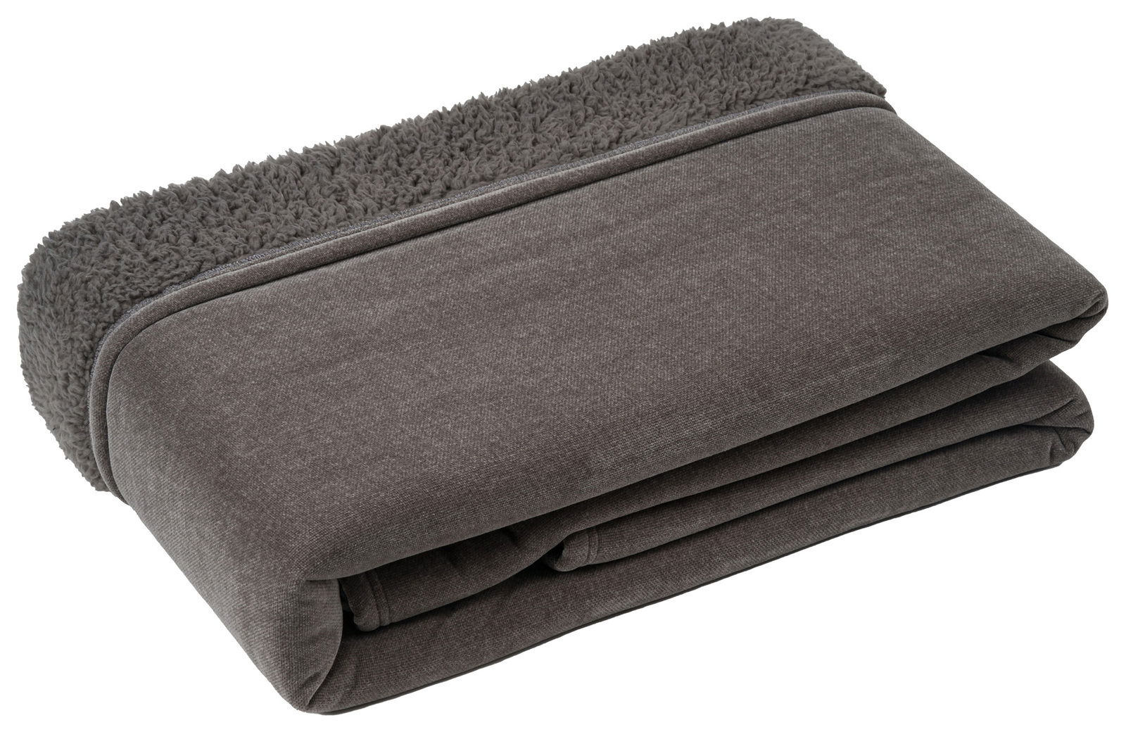 Gefaltete graue Chenille Wohndecke mit flauschiger Kante, seitliche Perspektive