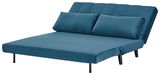 Blaues Funktionssofa in Liegeposition, seitliche Perspektive