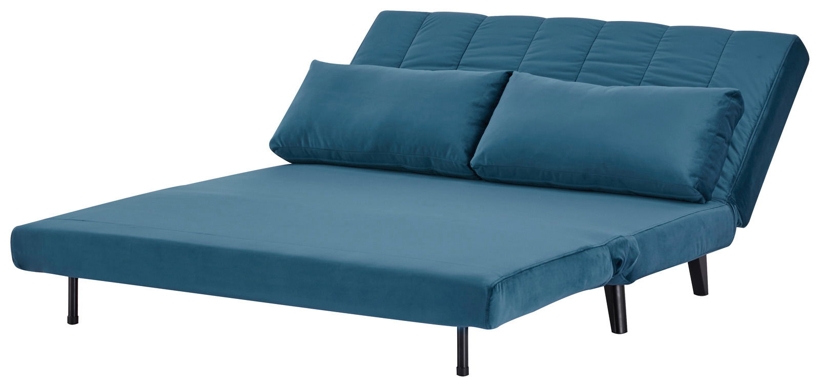 Blaues Funktionssofa in Liegeposition, seitliche Perspektive