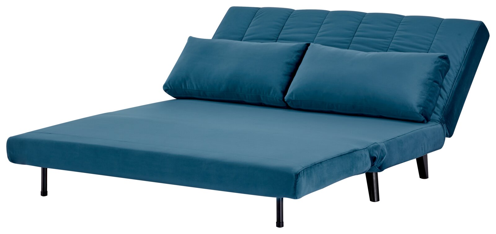 Blaues Funktionssofa in Liegeposition, seitliche Perspektive