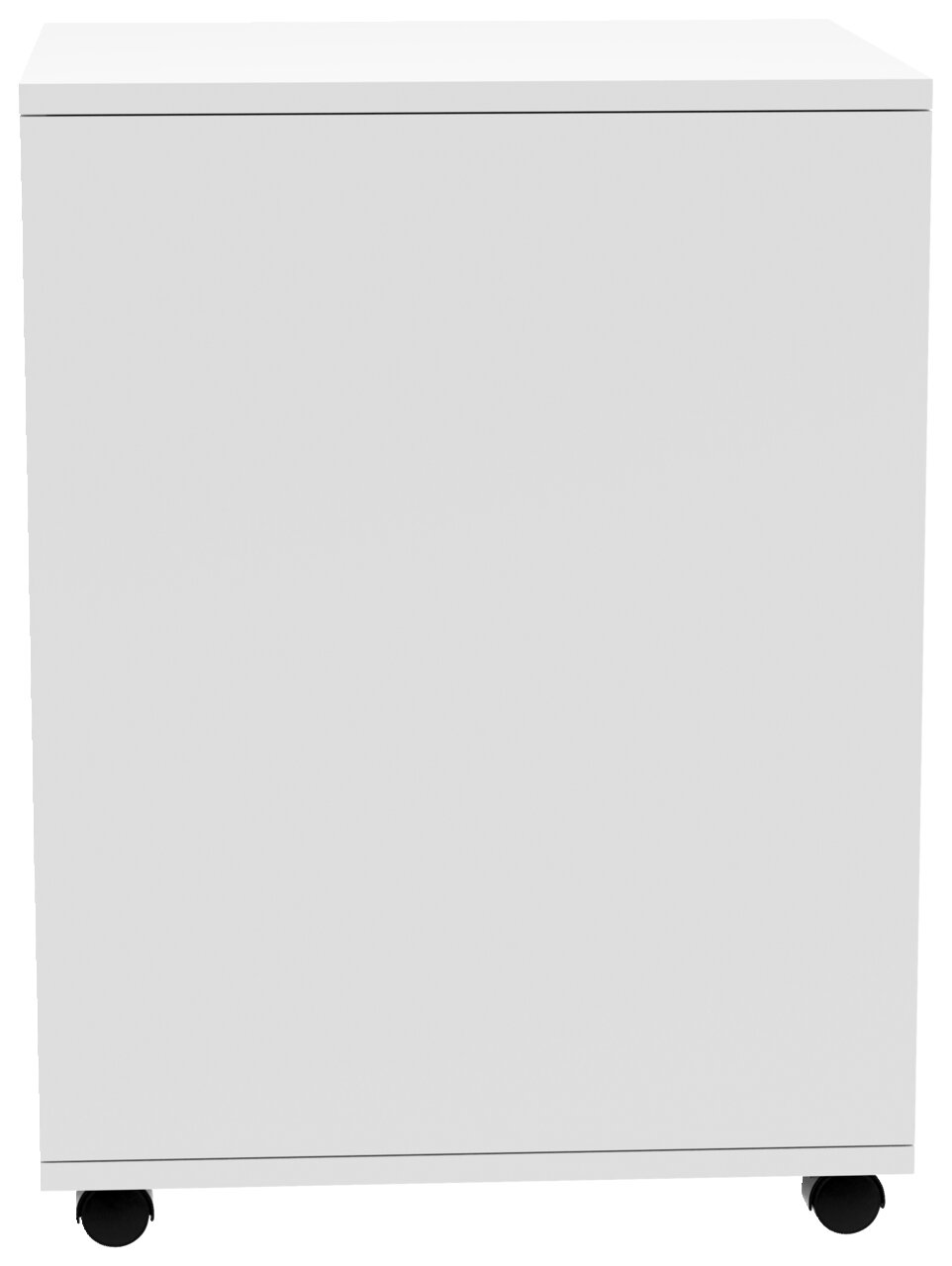 Weißer Rollcontainer mit glatter Frontansicht und vier Rollen, frontal betrachtet.