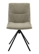 Moderner Stuhl mit grauem Stoffbezug und schwarzem Metallgestell, Frontalansicht.