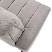 Nahaufnahme einer grauen 2er-Sitzbank aus Stoff, von oben betrachtet.