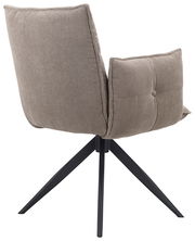 Rückansicht eines Armlehnstuhls mit gepolstertem, geripptem Stoffbezug und schwarzem Metallgestell.