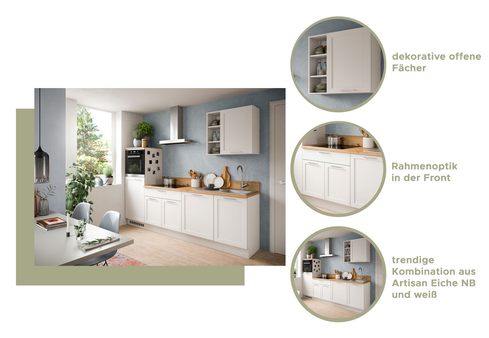 Moderne Küche mit dekorativen offenen Fächern, Rahmenoptik in der Front und trendiger Kombination aus Artisan Eiche NB und Weiß, seitliche Perspektive.