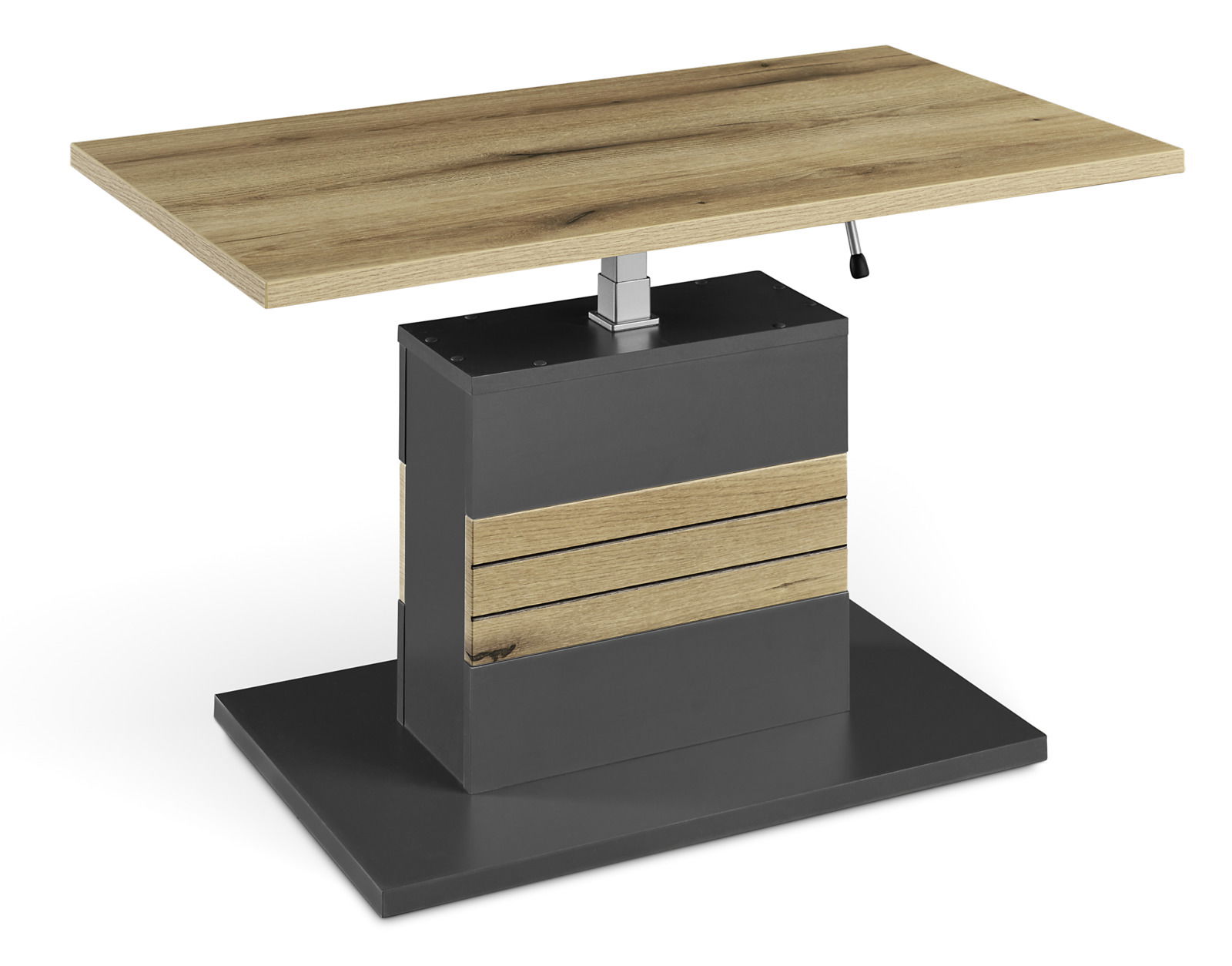 Moderner Couchtisch mit höhenverstellbarer Holzplatte und schwarzem Sockel, seitliche Perspektive