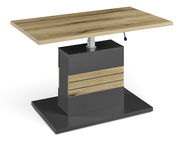 Moderner Couchtisch mit höhenverstellbarer Holzplatte und schwarzem Sockel, seitliche Perspektive