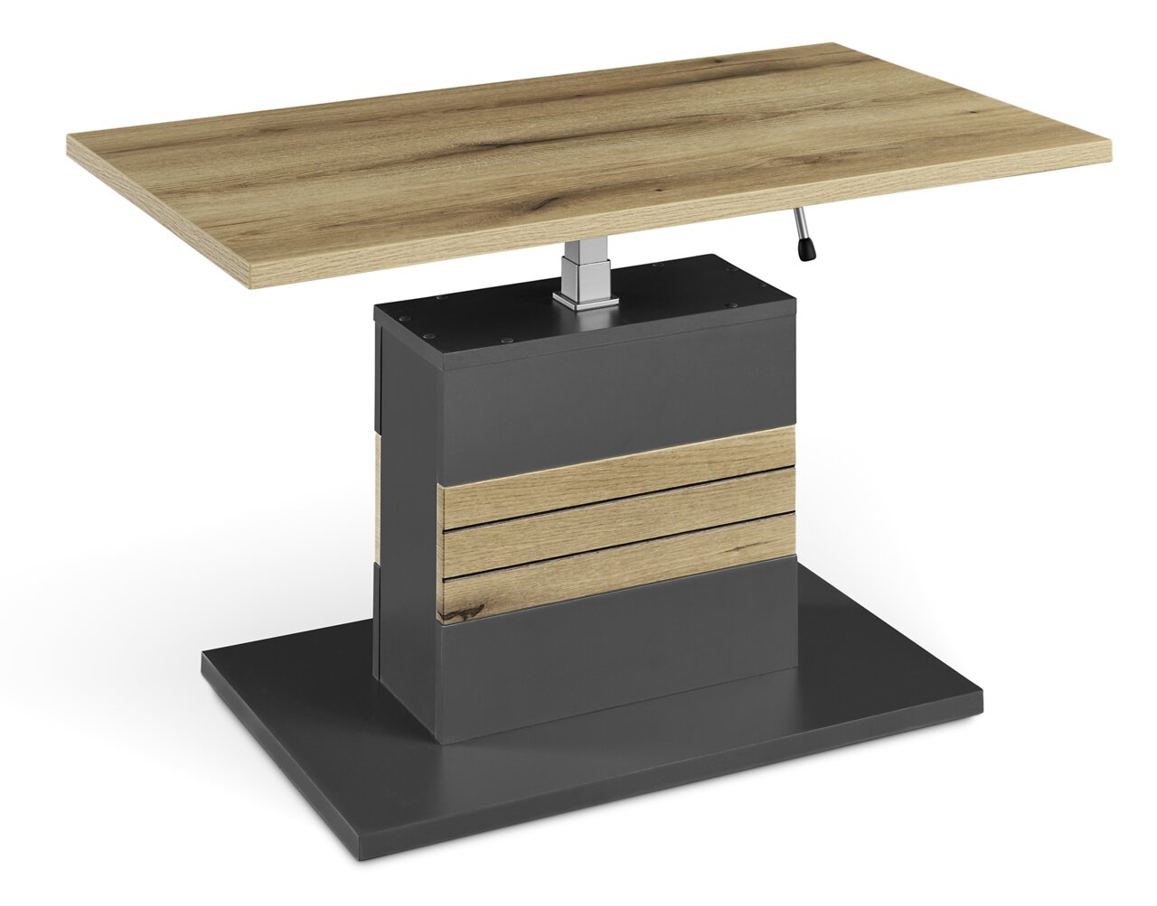 Moderner Couchtisch mit höhenverstellbarer Holzplatte und schwarzem Sockel, seitliche Perspektive