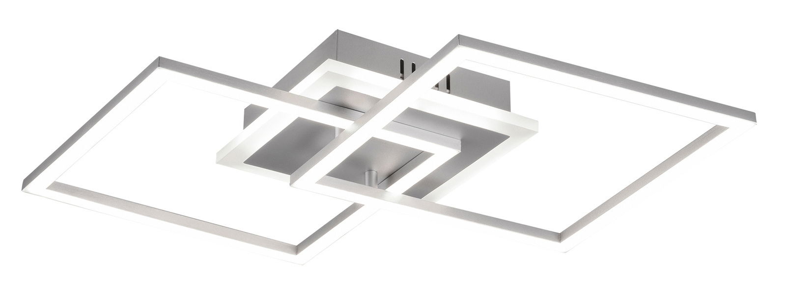 Moderne LED-Deckenleuchte mit zwei überlappenden quadratischen Rahmen, seitliche Perspektive