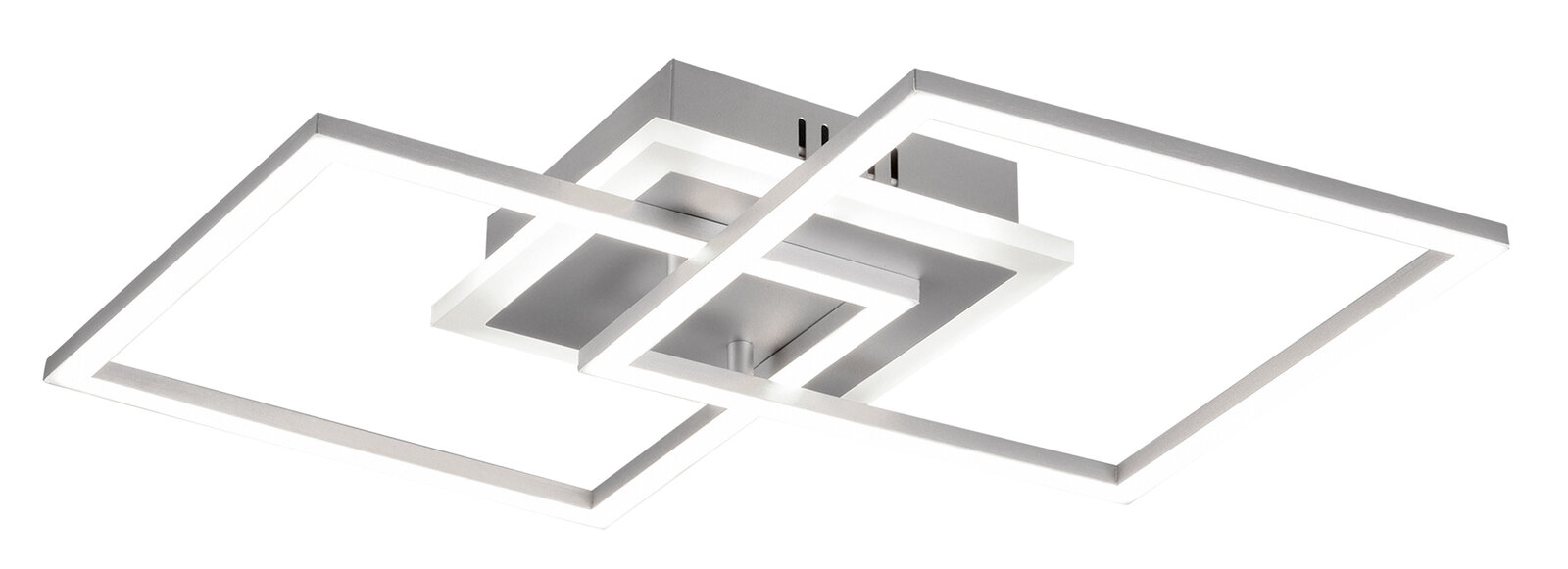 Moderne LED-Deckenleuchte mit zwei überlappenden quadratischen Rahmen, seitliche Perspektive