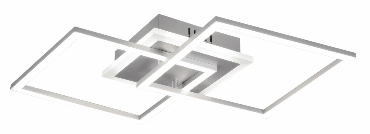 Moderne LED-Deckenleuchte mit zwei überlappenden quadratischen Rahmen, seitliche Perspektive