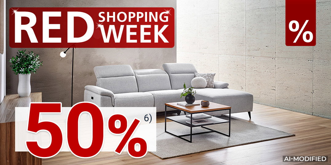 Modernes Wohnzimmer mit grauem Ecksofa und Couchtisch zur RED Shopping Week. (KI-generiert)