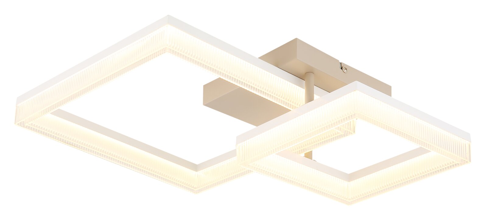 Moderne led-plafondlamp met twee vierkante, verlichte randen, zijaanzicht