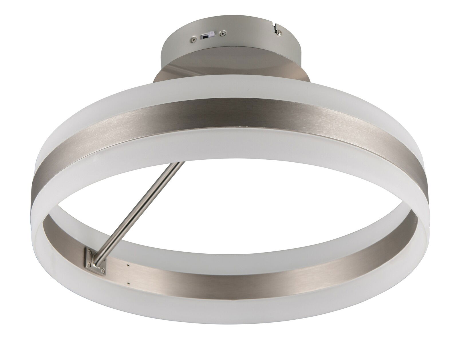 Moderne Deckenleuchte aus Metall und Glas, seitliche Perspektive