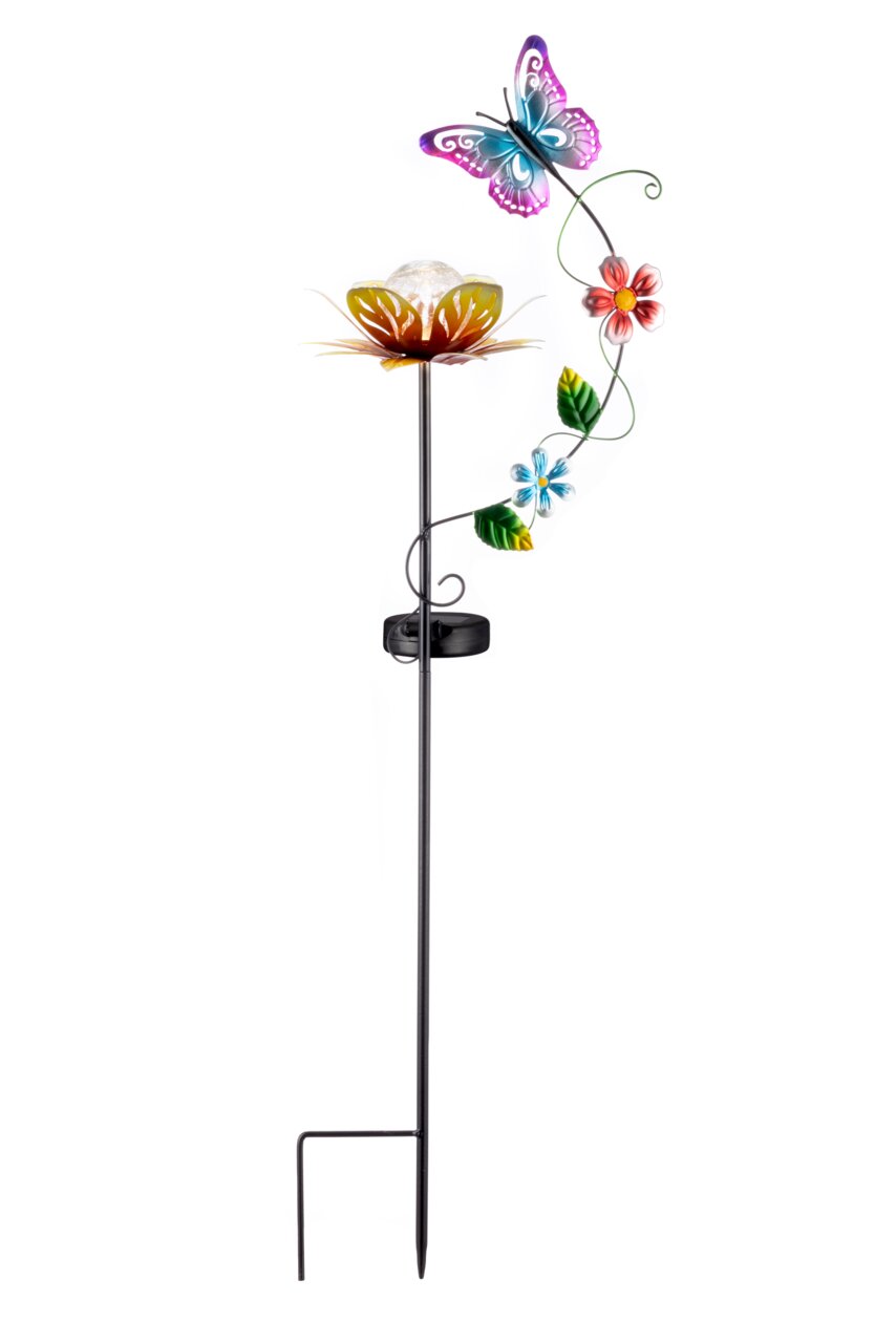 Kleurrijke zonne-lamp in de vorm van een bloem met een vlinder en bloemenversiering, zijaanzicht