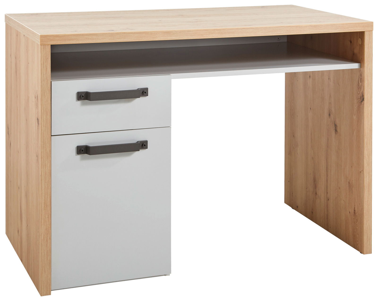 Moderner Schreibtisch mit Holzoptik und zwei Schubladen, seitliche Perspektive