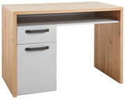 Moderner Schreibtisch mit Holzoptik und zwei Schubladen, seitliche Perspektive