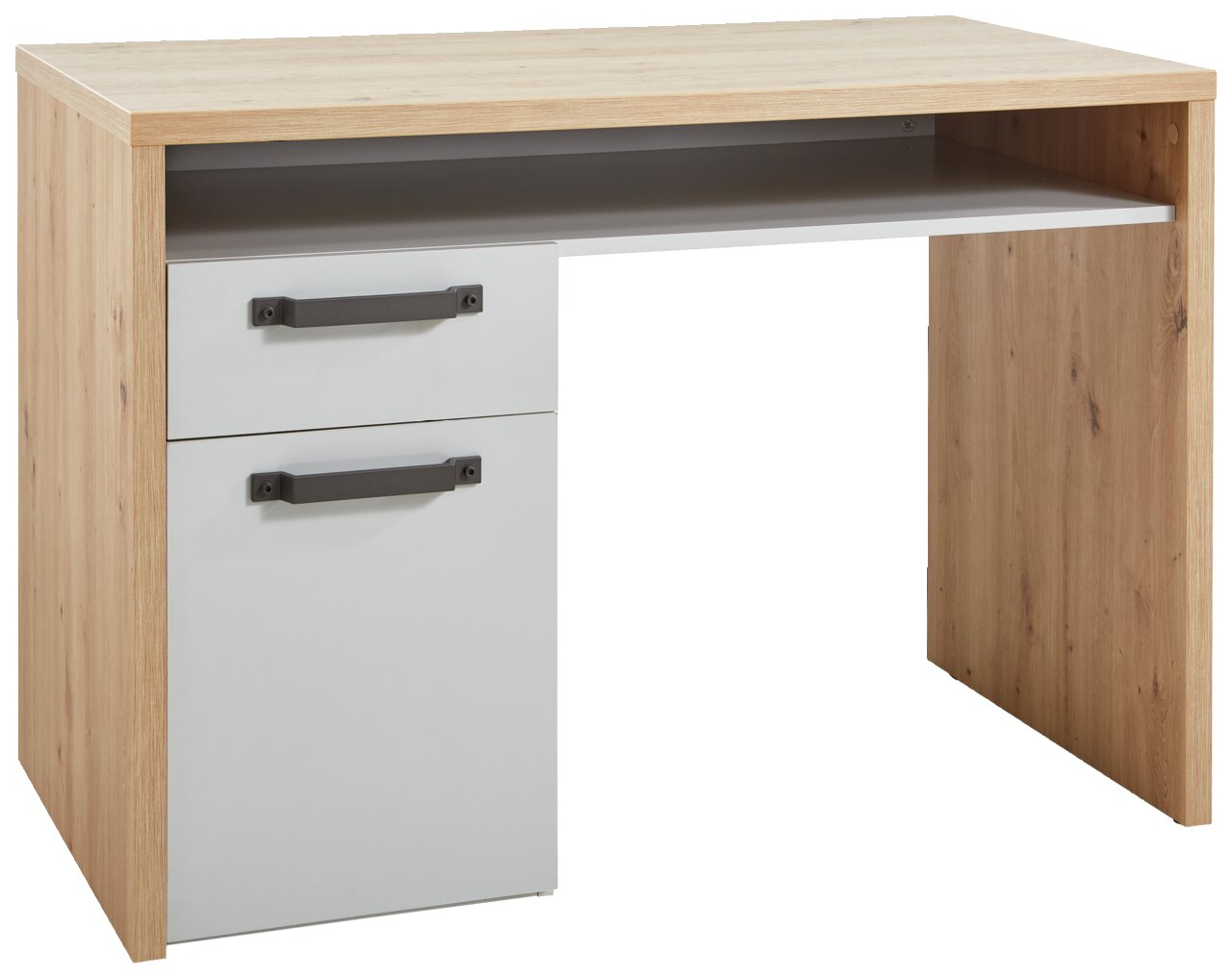 Moderner Schreibtisch mit Holzoptik und zwei Schubladen, seitliche Perspektive