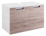 Moderner Waschbeckenunterschrank mit Holzoptik und weißer Oberfläche, Frontansicht