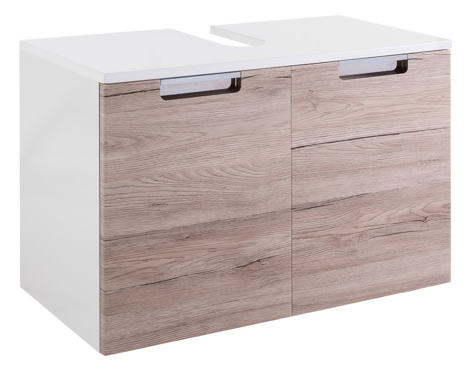 Moderner Waschbeckenunterschrank mit Holzoptik und weißer Oberfläche, Frontansicht