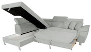 Graues Ecksofa mit Stauraum und verstellbaren Kopfstützen, Perspektive von vorne links