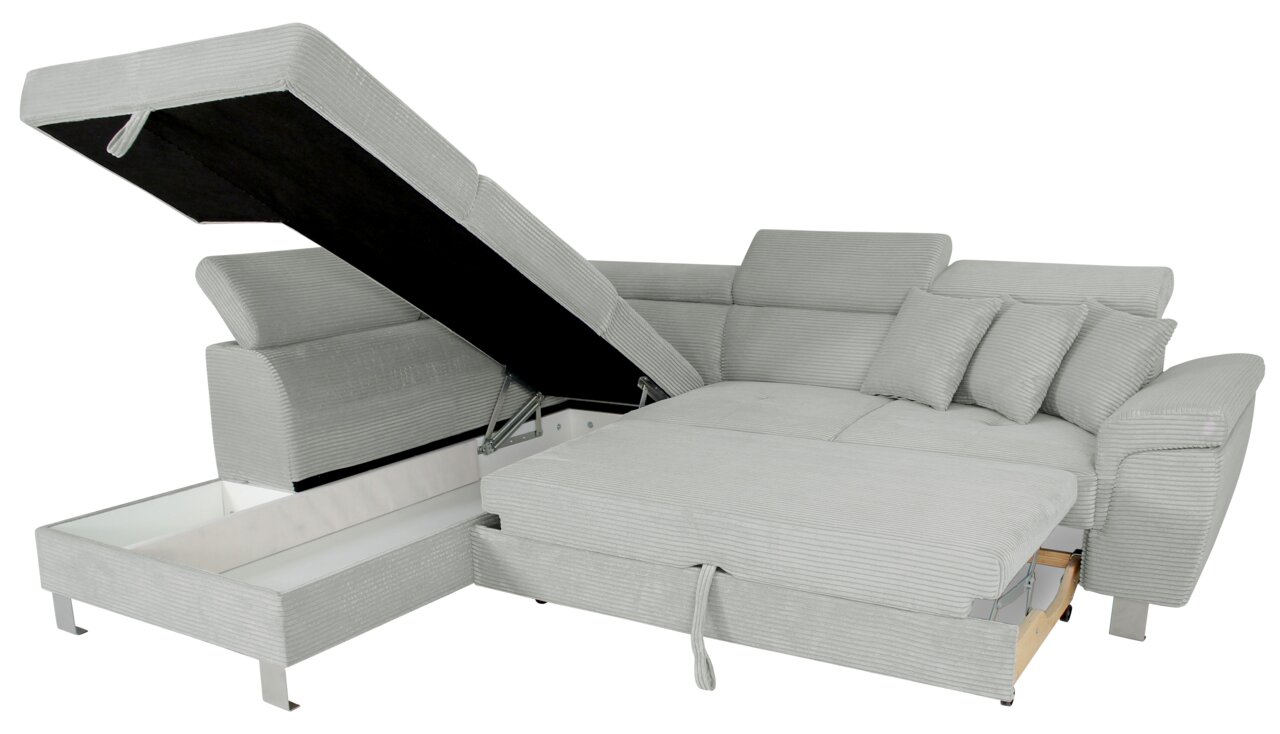 Graues Ecksofa mit Stauraum und verstellbaren Kopfstützen, Perspektive von vorne links