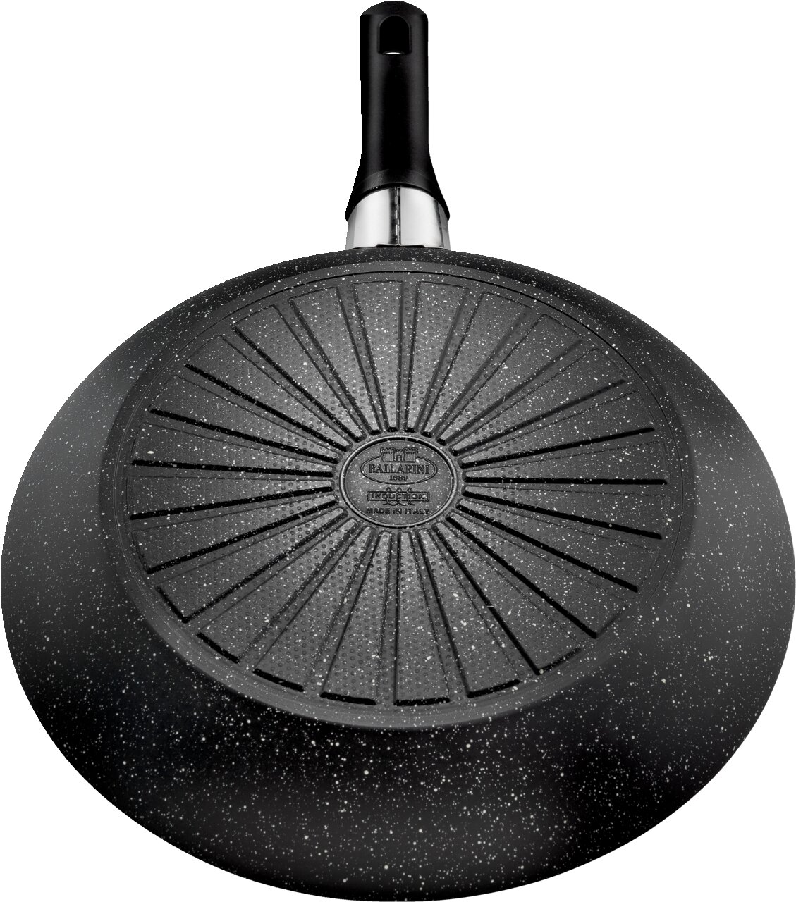 Bratpfanne mit 32 cm Durchmesser, Ansicht von unten mit sternförmigem Design und schwarzem Griff.